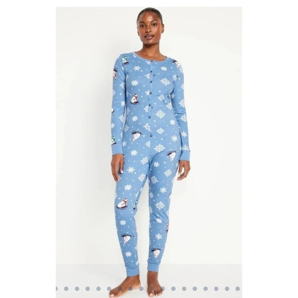 Old Navy Sz Medium Bears That‎ Sleigh Thermal-Knit Pajama One-Piece for Women